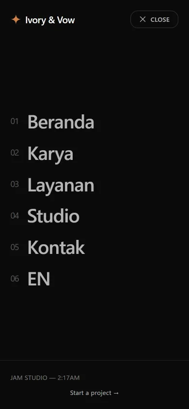 Menu layar penuh contoh website Ivory & Vow di HP: tulisan besar bernomor dari 01 Beranda sampai 06 EN.