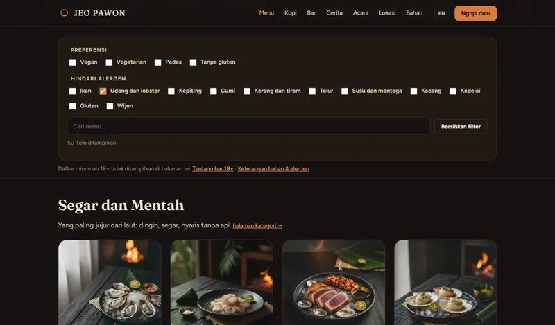 The menu page of the JEO PAWON example website on a laptop: preference and allergen filters with “Udang dan lobster” (shrimp & lobster) ticked, then dish cards with photos.