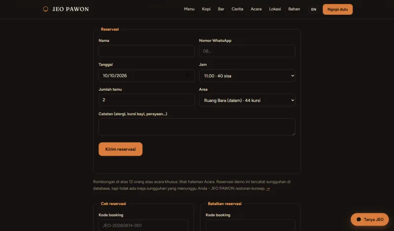 The JEO PAWON booking form: time slots with seats left, area, number of guests, a notes field and a Check booking section.