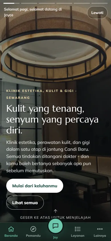 Beranda gaya Stories Joyce Clinic App di HP, dengan menu bawah Beranda, Pemandu, Joy, Layanan, Lainnya.