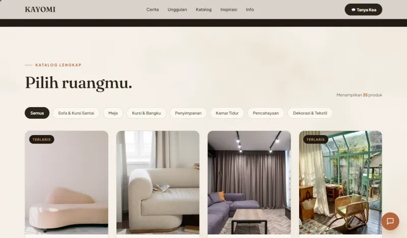 Katalog KAYOMI "Pilih ruangmu": tombol saringan per kategori dan kartu produk berlabel Terlaris.