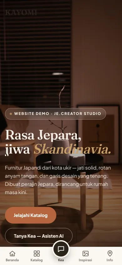 Beranda KAYOMI di HP dengan menu bawah Beranda, Katalog, Kea, Inspirasi, dan Info.
