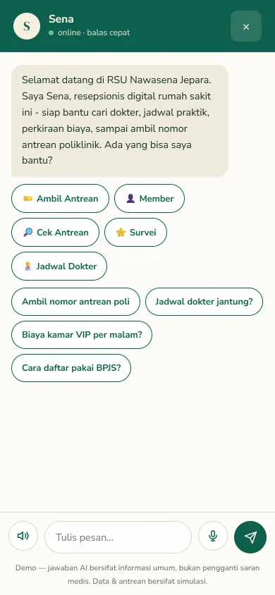 Jendela chat Sena di HP: sapaan, tombol Ambil Antrean, Member, Cek Antrean, Survei, Jadwal Dokter, dan tombol mikrofon.