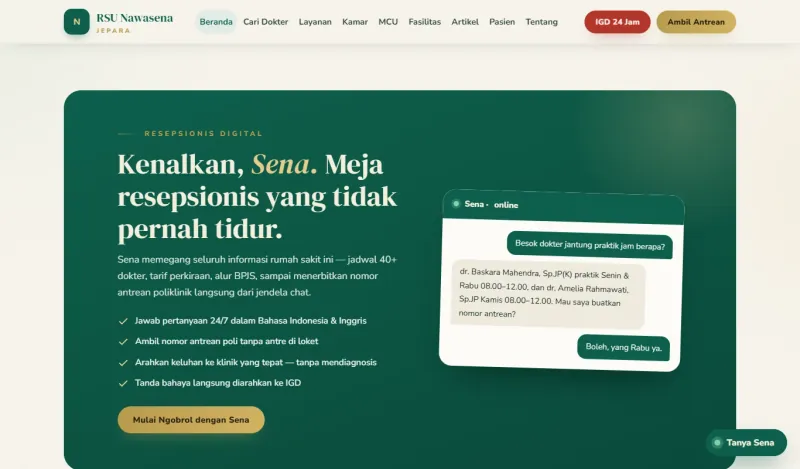 Bagian "Kenalkan, Sena" di contoh website RSU Nawasena: kemampuan asisten AI dan contoh obrolan soal jadwal dokter jantung.