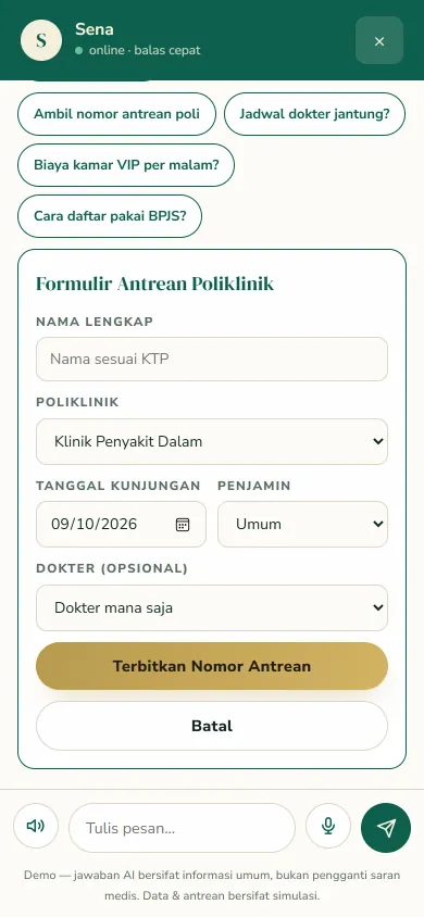 Formulir antrean poliklinik di dalam jendela chat Sena, tampilan HP.