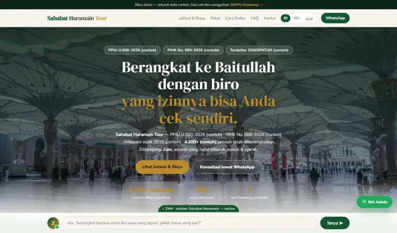 Layar pertama contoh website Sahabat Haramain di laptop: lencana izin bertanda contoh, judul “Berangkat ke Baitullah dengan biro yang izinnya bisa Anda cek sendiri”, tombol Lihat Jadwal & Biaya dan Konsultasi lewat WhatsApp, serta kotak tanya Zam.