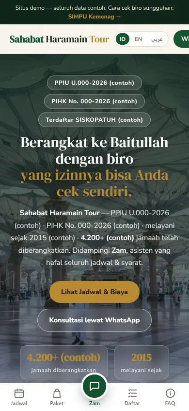 Beranda Sahabat Haramain di HP: lencana izin bertanda contoh, judul, dan menu bawah Jadwal, Paket, Zam, Daftar, FAQ.